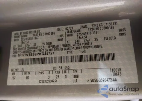 2023 Ford F-150 Xlt из США, поврежденный, VIN 1FTFW1E89PKD38721